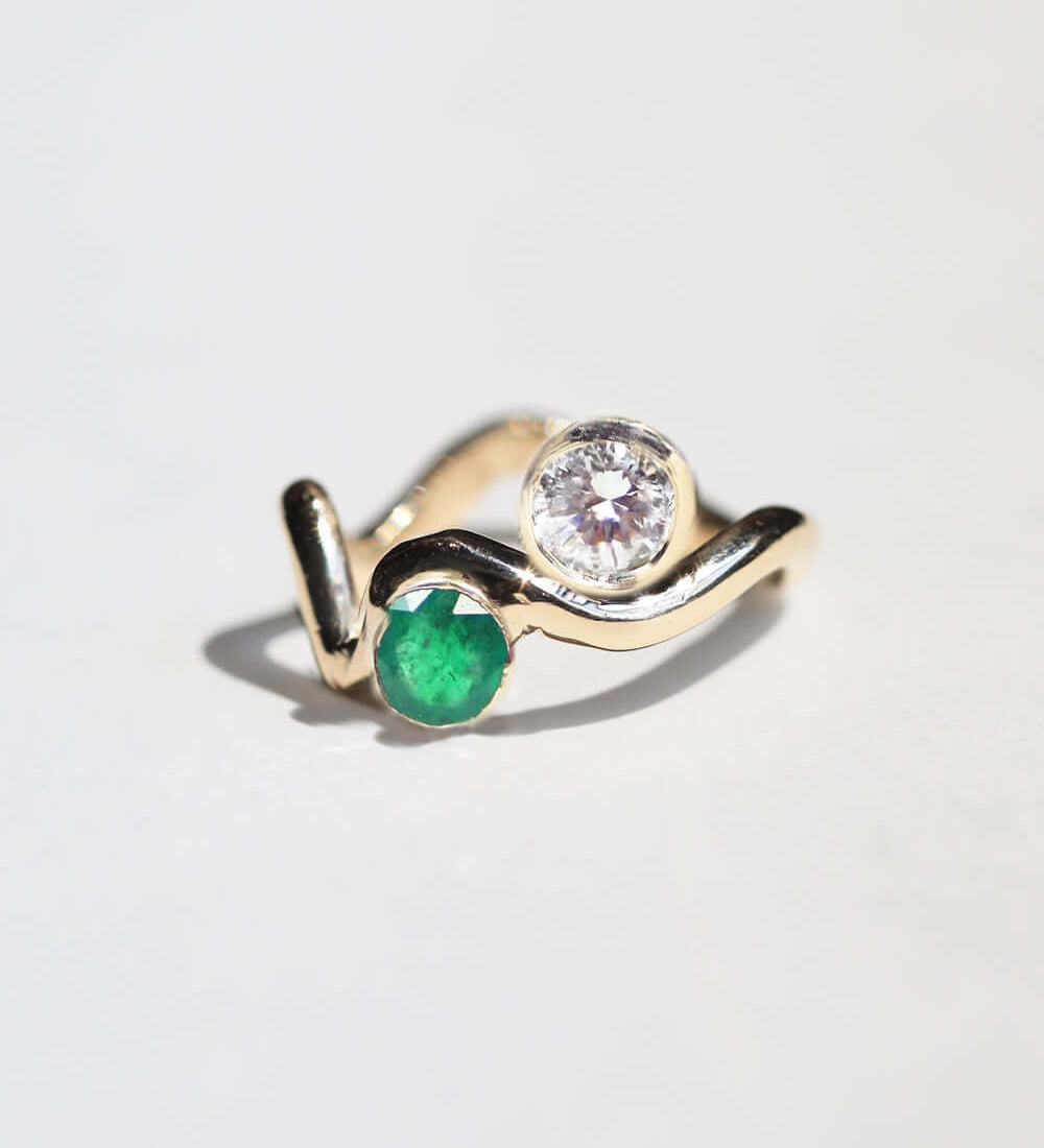 custom ripple ring 14k yellow gold jewelry heirloom diamond emerald NYC Brooklyn necklace NYC fine jewelry brooklyn NY New York jeweler sustainable ethical greenpoint engagement Earrings