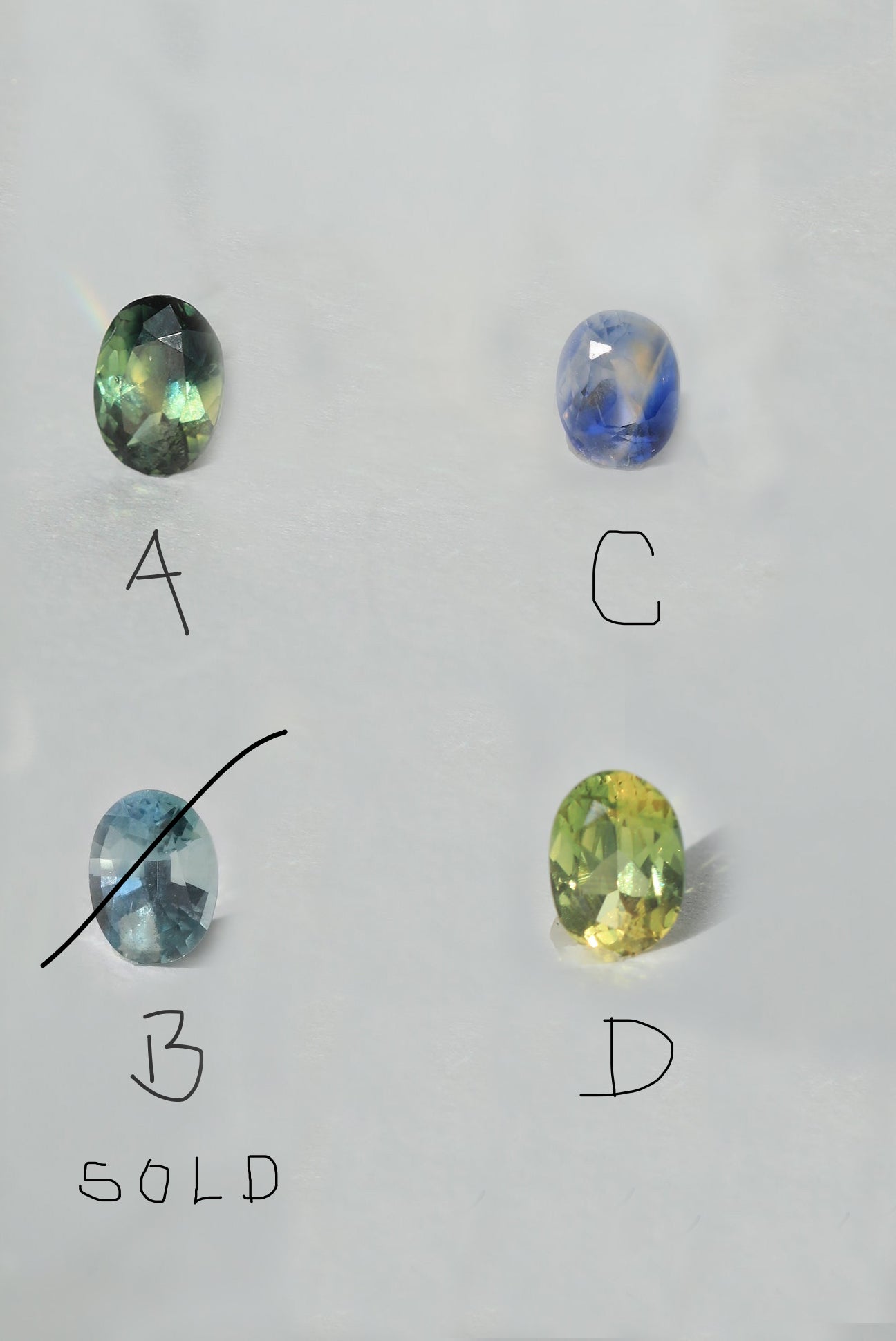 Four oval-cut loose gemstones arranged on a light gray background, labeled A and B. The stones show iridescent color variation: one greenish stone labeled A, one blue-purple stone, one pale blue stone labeled B, and one yellow-green stone.