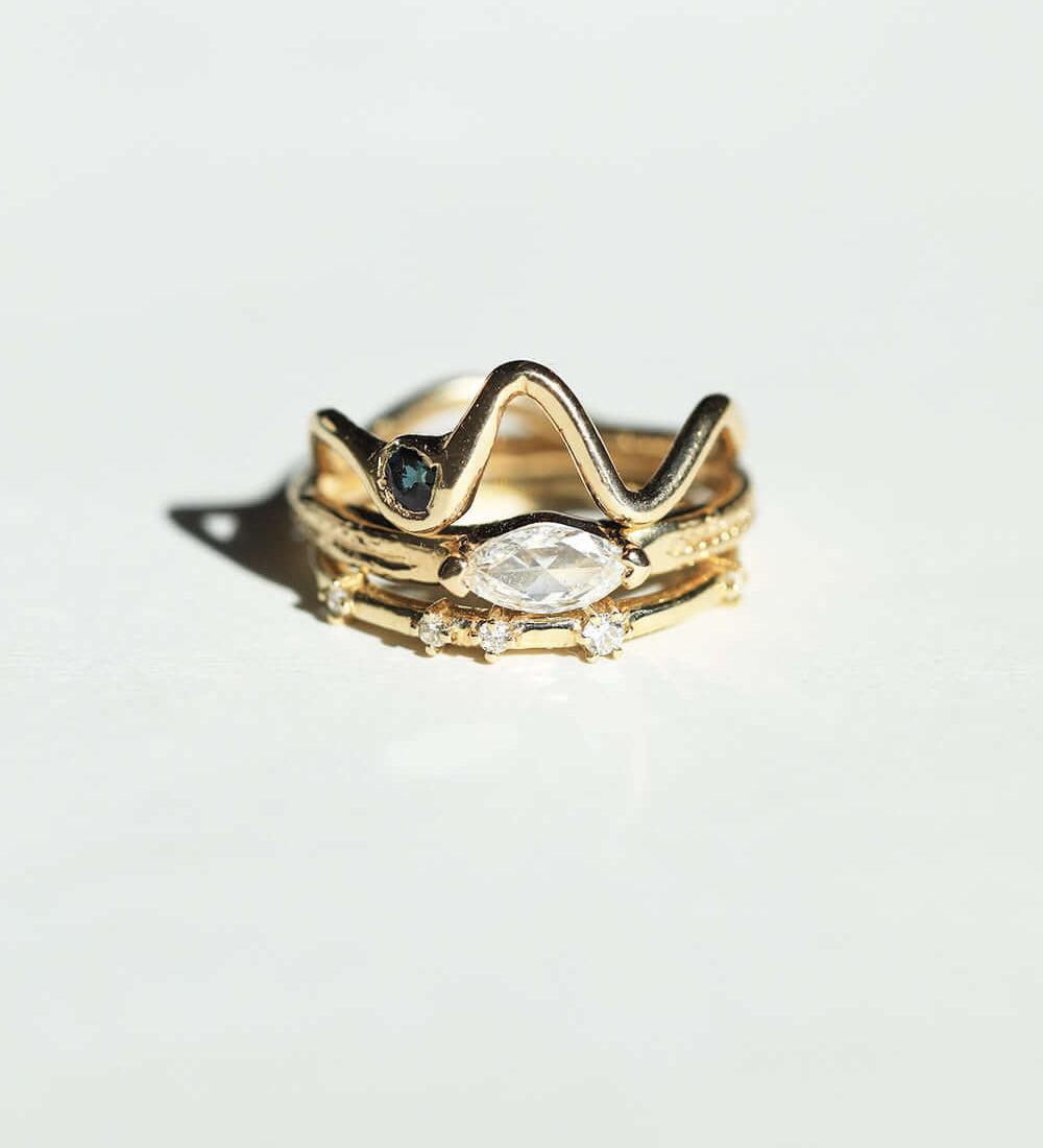 Ring Stack 14k Gold Diamond Sapphire NYC fine jewelry brooklyn NY New York jeweler sustainable ethical greenpoint engagement