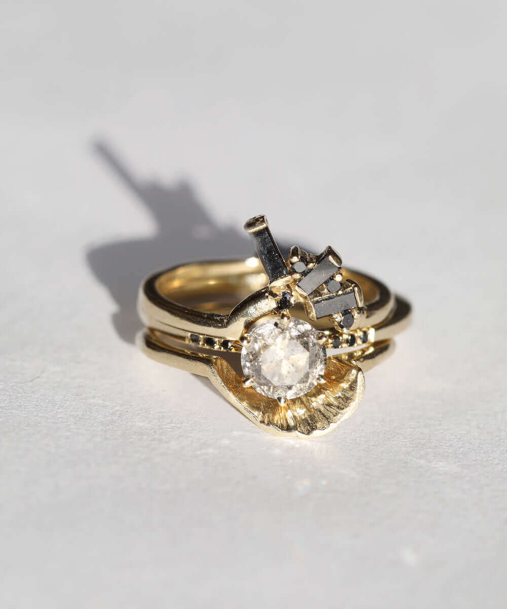 Salt and Pepper Diamond Solitaire 14k Gold Engagement Ring Macha Studio Brooklyn New York