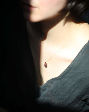 Thin Gold Chain Necklace with a Black and Cerise Organically Shaped Tourmaline Stone Slice