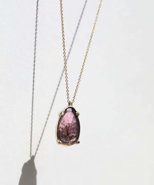 Thin Gold Chain Necklace with a Black and Cerise  Tourmaline Slice