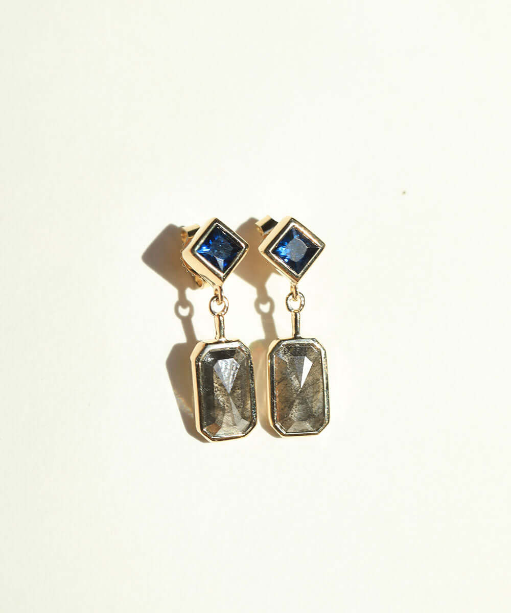 salt and pepper diamond sapphire 14k yellow gold earrings Brooklyn New York 11222