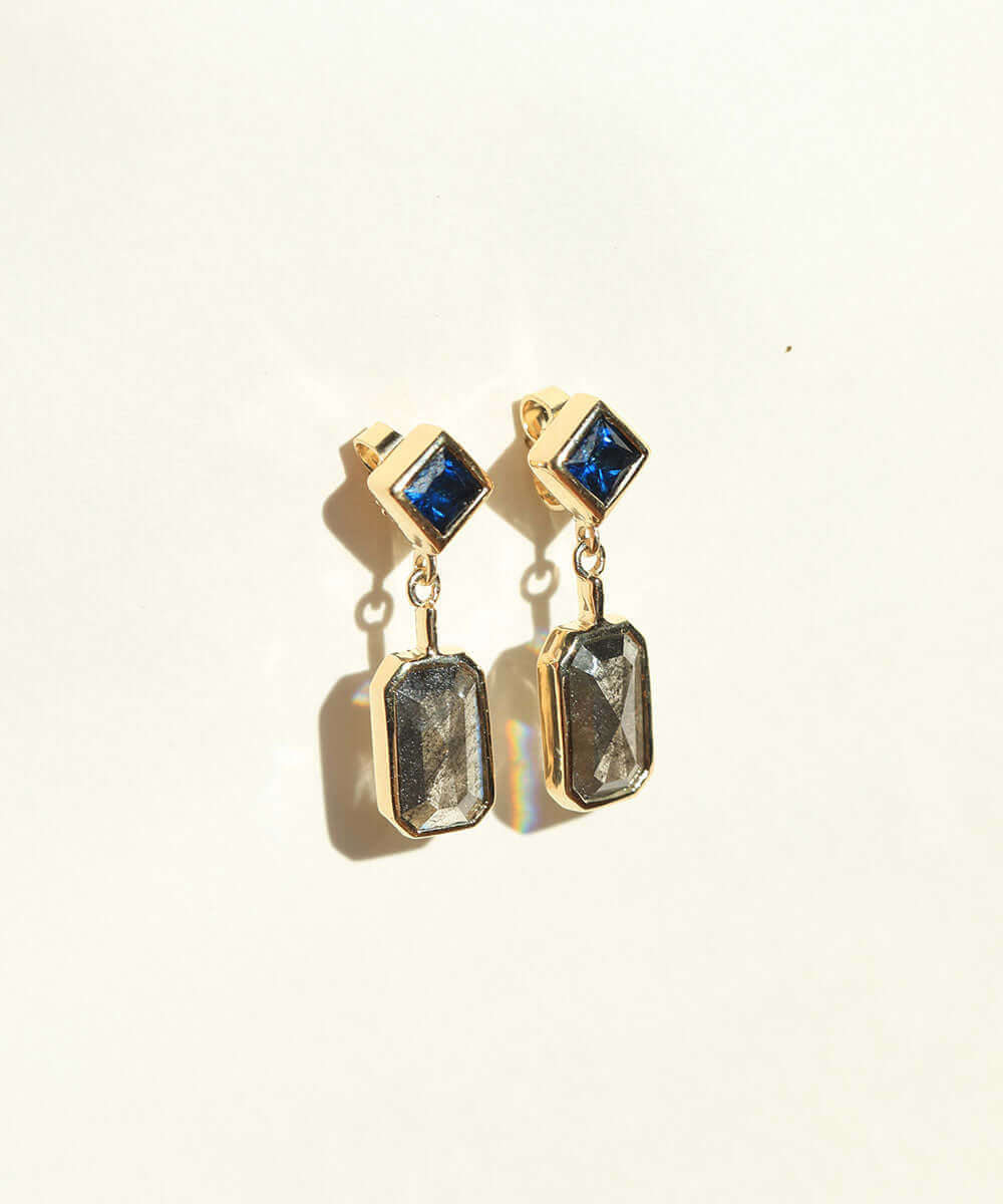 salt and pepper diamond, sapphire 14k gold earrings Brooklyn New York 