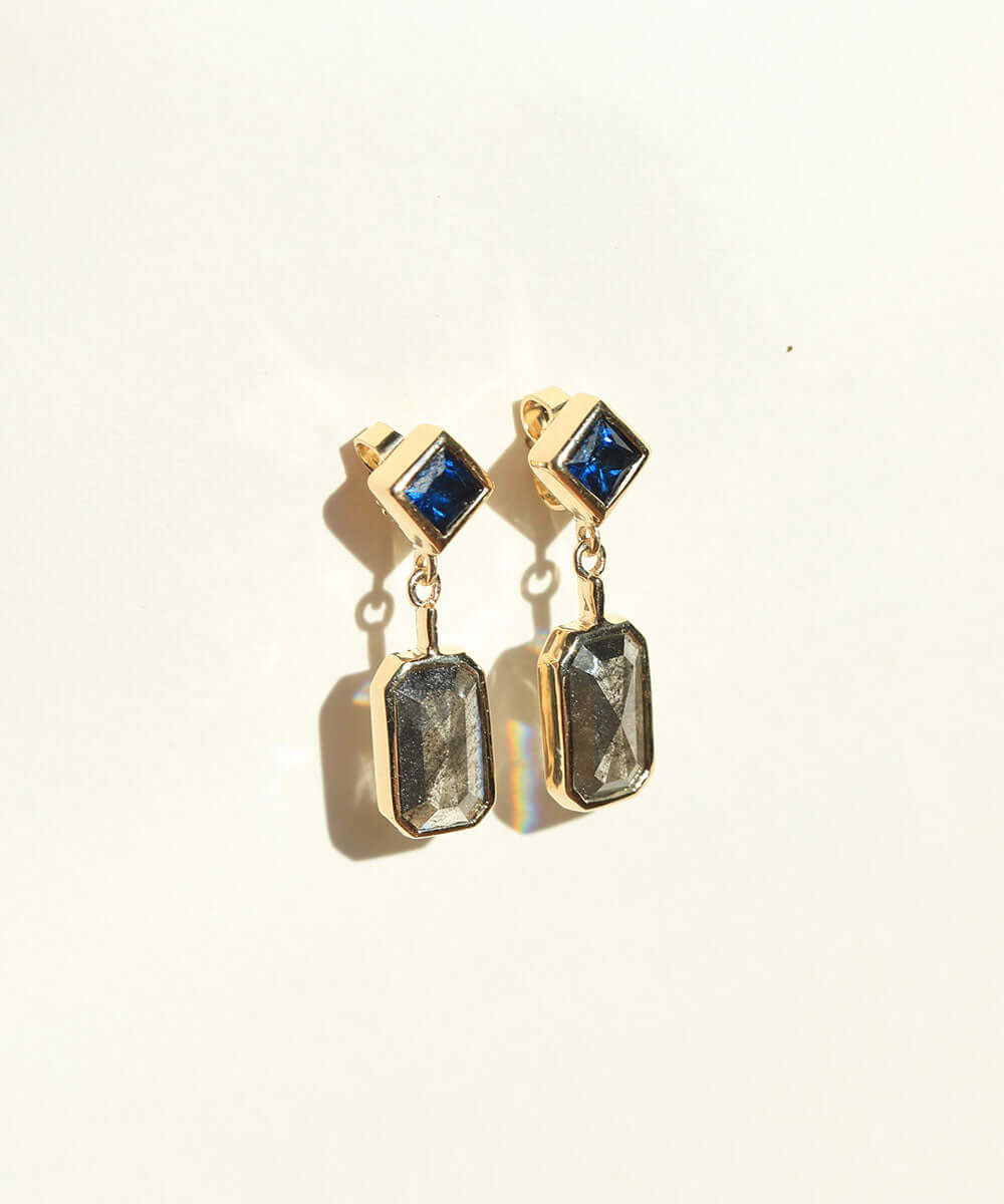 salt and pepper diamond, sapphire 14k gold earrings Brooklyn New York 