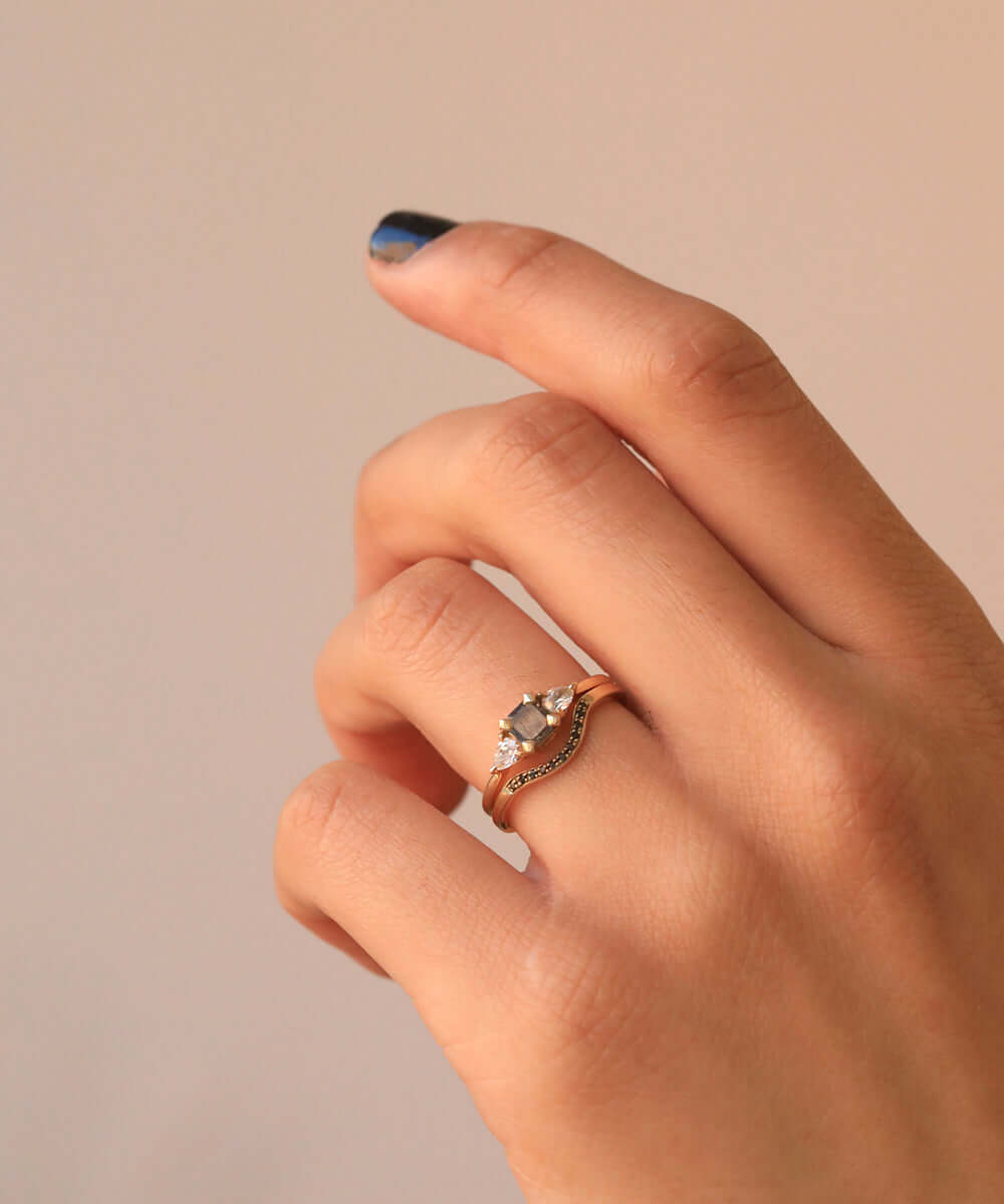 salt & pepper white diamond 14k yellow gold Engagement ring Brooklyn New York