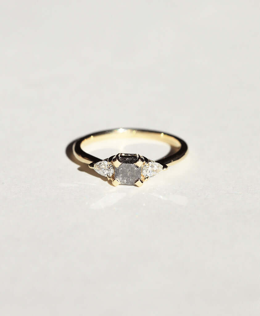 salt & pepper  white diamond 14k yellow gold Engagement ring Brooklyn New York 