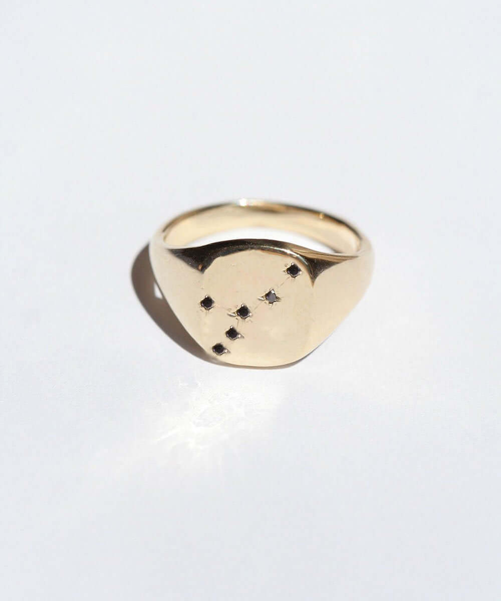 Libra black diamond constellation signet ring 14k yellow gold handcrafted macha studio brooklyn new york