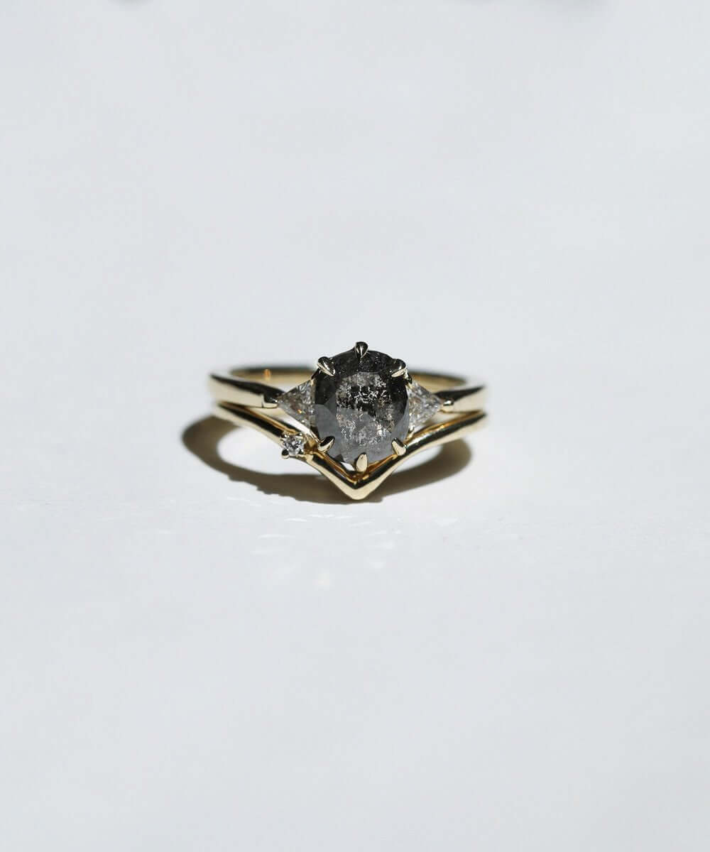 Salt and Pepper Diamond engagement ring and V shaped 14k yellow gold band with tiny white diamond macha studio brooklyn new york