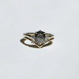 Salt and Pepper Diamond engagement ring and V shaped 14k yellow gold band with tiny white diamond macha studio brooklyn new york