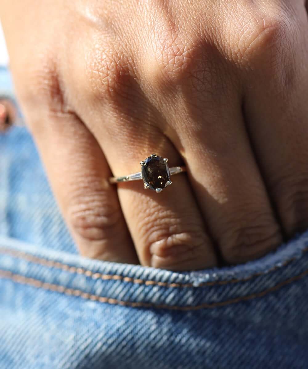 Salt Pepper Amber Colored Diamond 14k Yellow Gold Engagement Ring Brooklyn New York