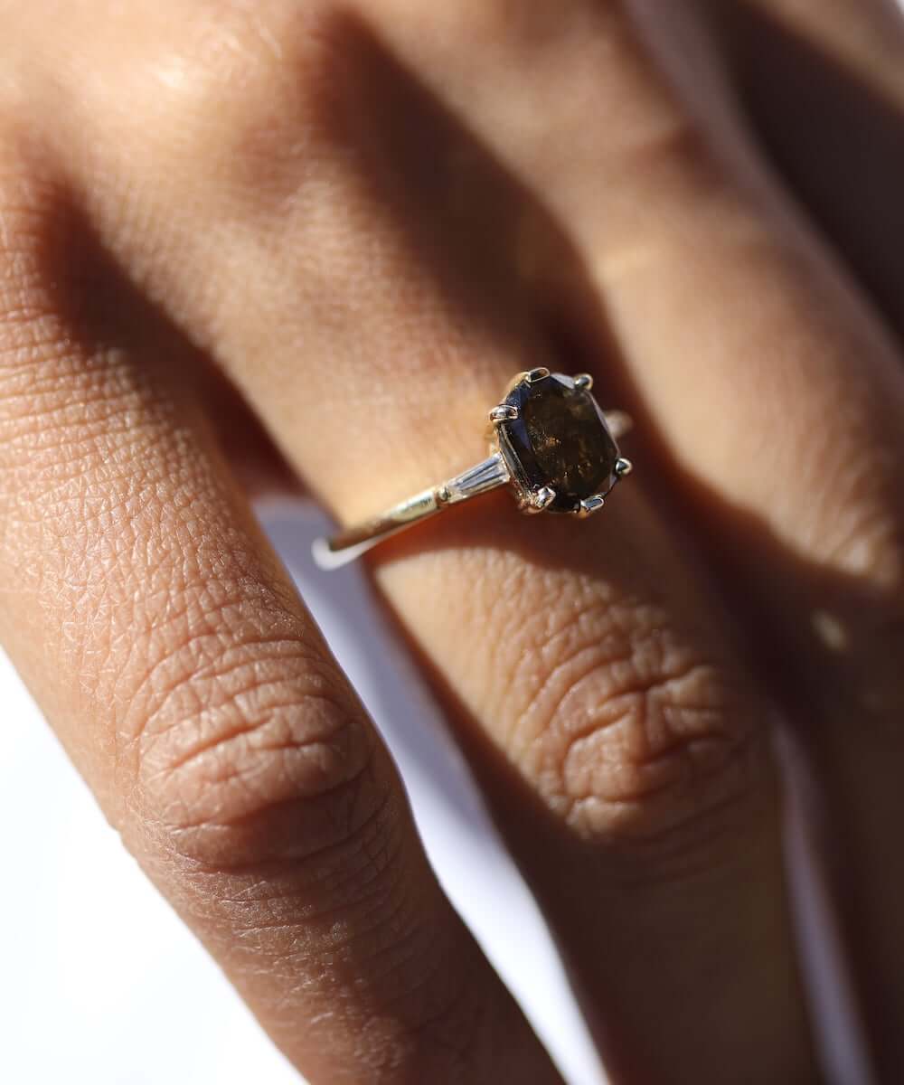 Salt Pepper Amber Colored Diamond 14k Yellow Gold Engagement Ring Brooklyn New York