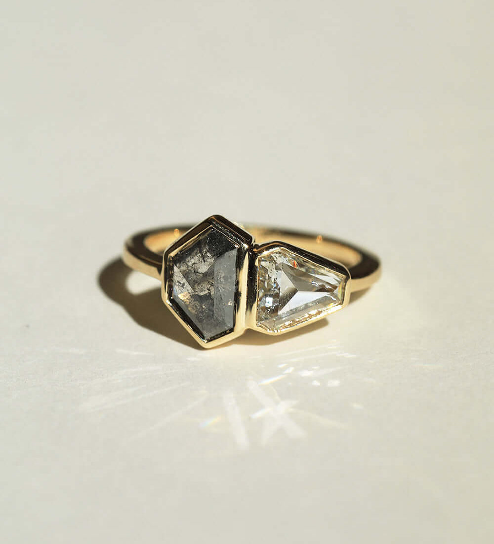 Hexagonal Engagement ring gold salt and pepper diamond jewelry Brooklyn NYC 