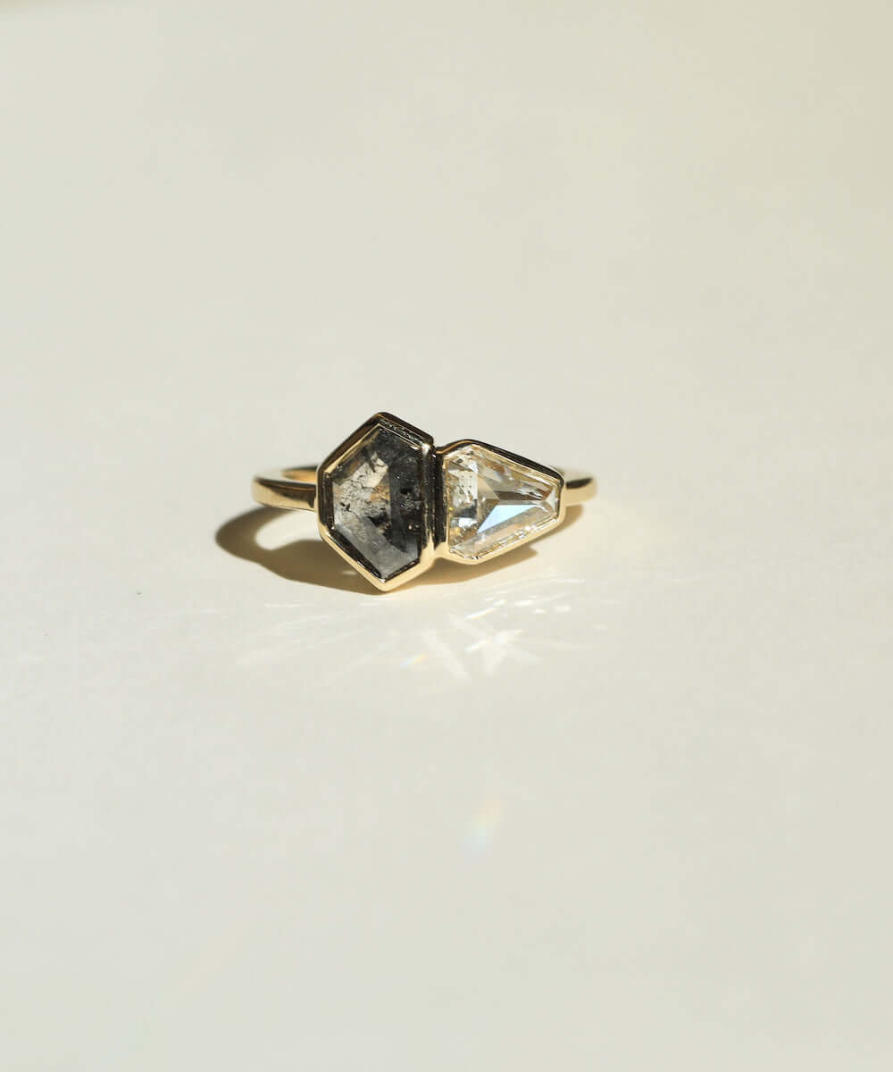 Hexagonal Engagement ring gold salt and pepper diamond jewelry Brooklyn NYC