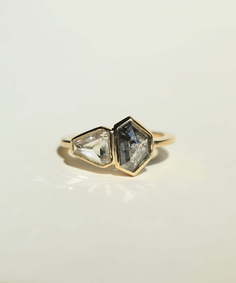 Hexagonal Engagement ring gold salt and pepper diamond jewelry Brooklyn NYC