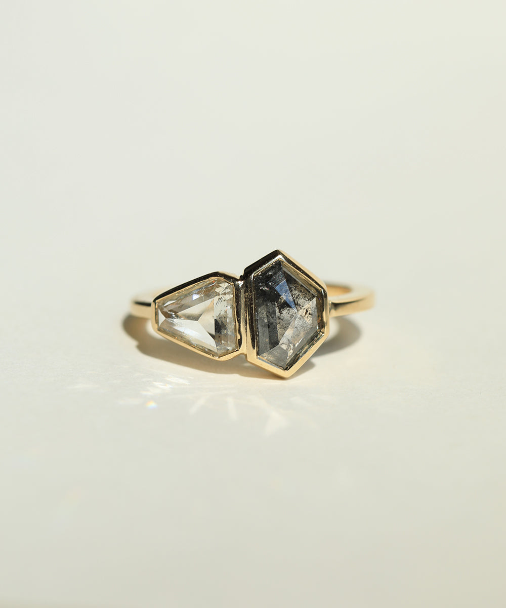 Hexagonal Engagement ring gold salt and pepper diamond jewelry Brooklyn NYC