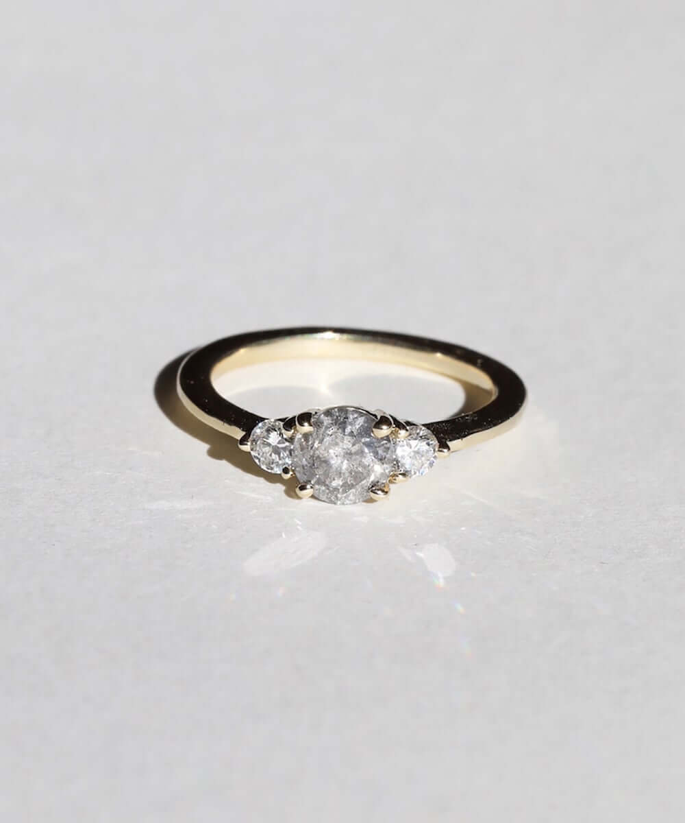 salt and pepper diamond three stone engagement ring in 14k gold handcrafted macha studio brooklyn new york