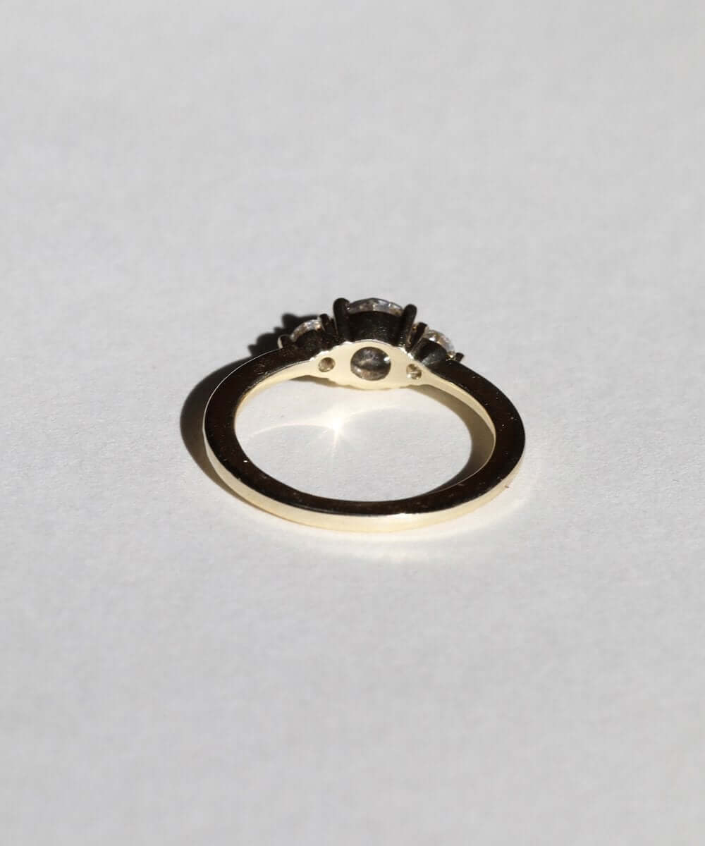 White diamond three stone engagement ring in 14k gold handcrafted macha studio brooklyn new york