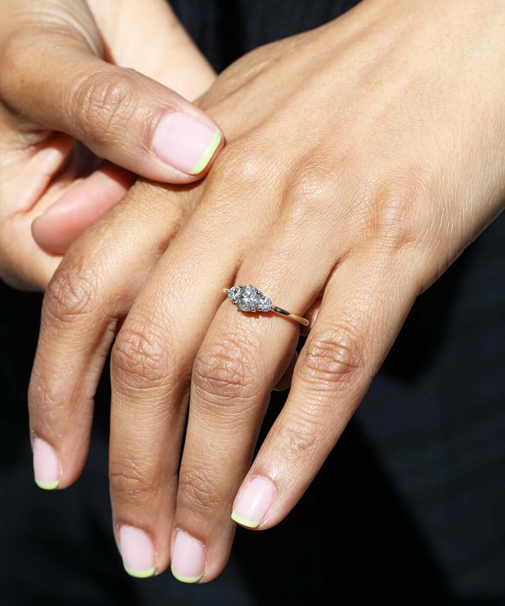 salt and pepper diamond three stone engagement ring in 14k gold handcrafted macha studio brooklyn new york