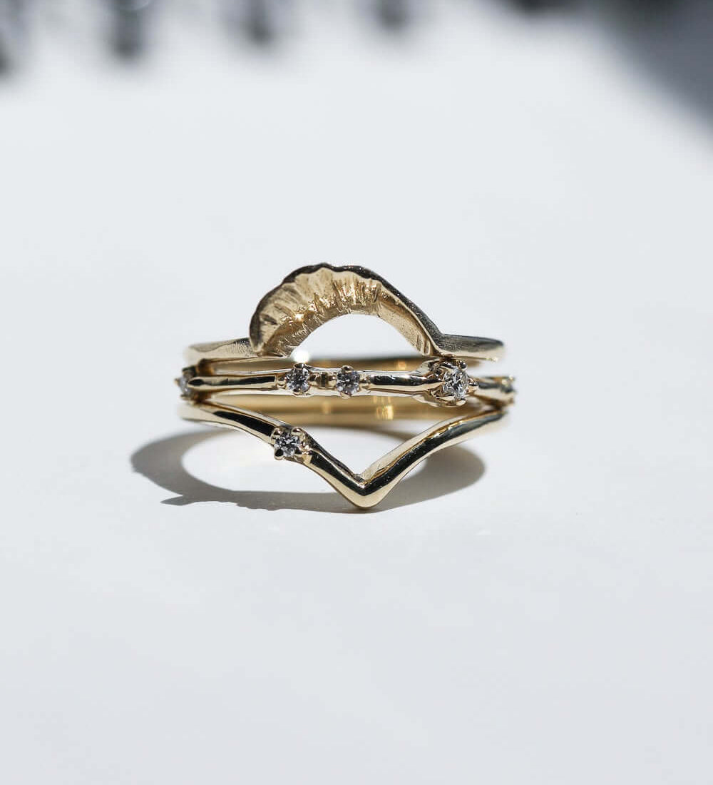 Fern Ring, Knife edge 'v' ring, Astro ring with reclaimed diamonds, all in recycled 14k yellow gold