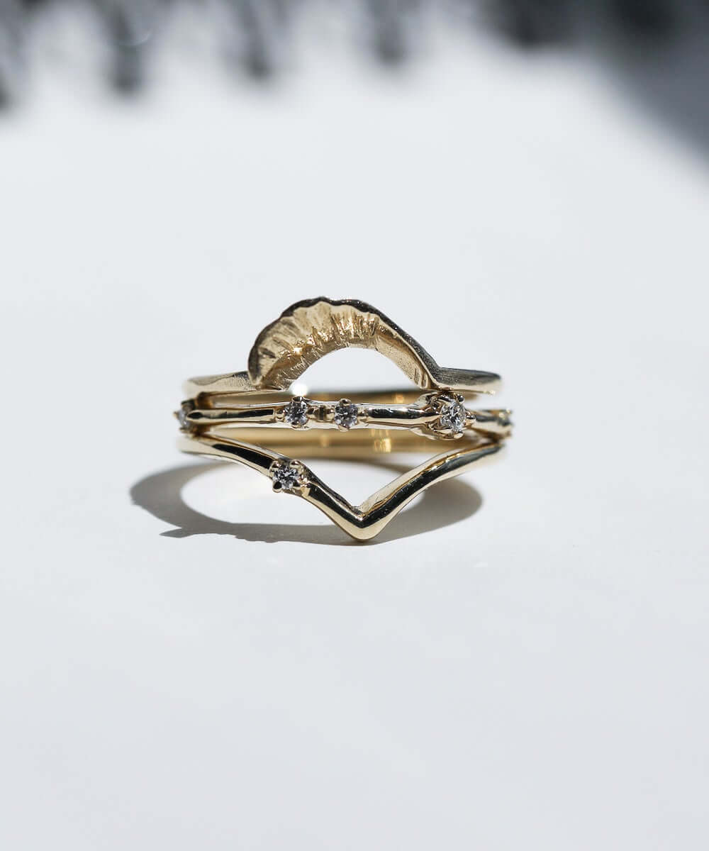 Fern Ring, Knife edge 'v' ring, Astro ring with reclaimed diamonds, all in recycled 14k yellow gold