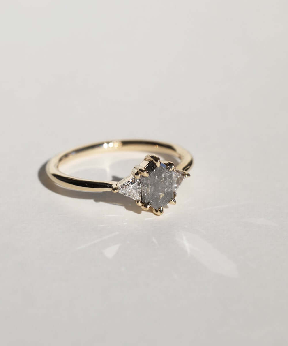 elongated hexagonal cut salt and pepper diamond accented with aligned trillion cut white diamonds