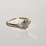 elongated hexagonal cut salt and pepper diamond accented with aligned trillion cut white diamonds