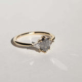 elongated hexagonal cut salt and pepper diamond accented with aligned trillion cut white diamonds