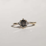 elongated hexagonal cut salt and pepper diamond accented with aligned trillion cut white diamonds