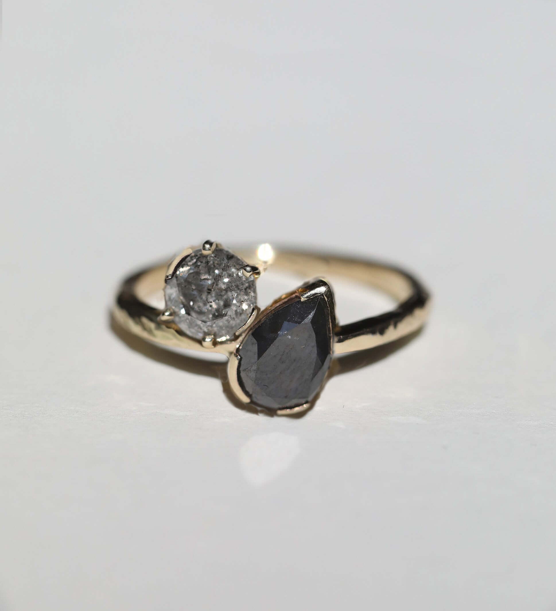 unique salt and pepper diamond engagement ring in 14k gold handcrafted macha studio brooklyn new york