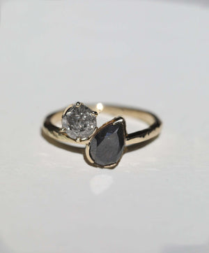 unique salt and pepper diamond engagement ring in 14k gold handcrafted macha studio brooklyn new york