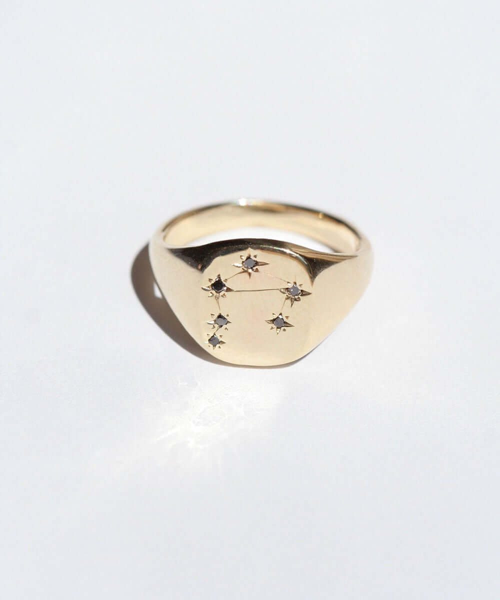 Libra black diamond constellation signet ring 14k yellow gold handcrafted macha studio brooklyn new york