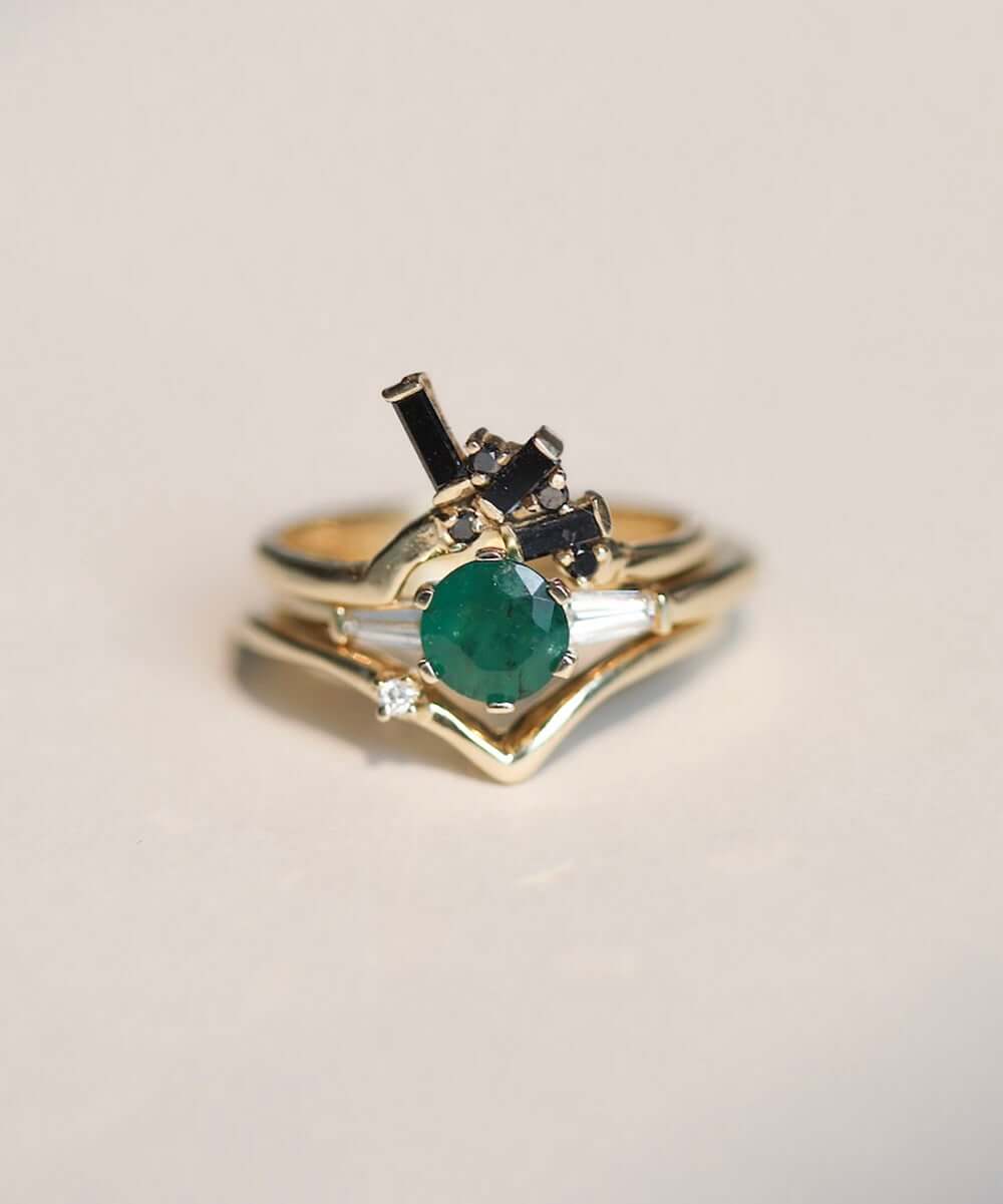 Round cut emerald engagement ring 14k yellow gold white baguette diamonds handcrafted macha studio brooklyn new york