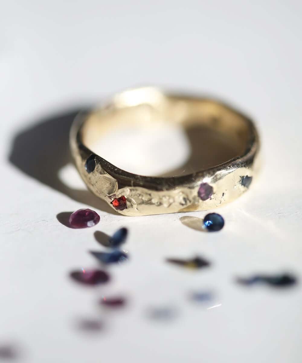 Mens Organic Shaped Wedding Band in 14k Gold with Sapphires Macha Studio Brooklyn New York