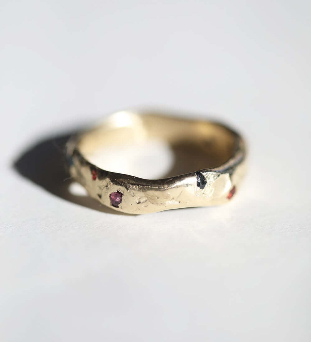 Mens Organic Shaped Wedding Band in 14k Gold with Sapphires Macha Studio Brooklyn New York