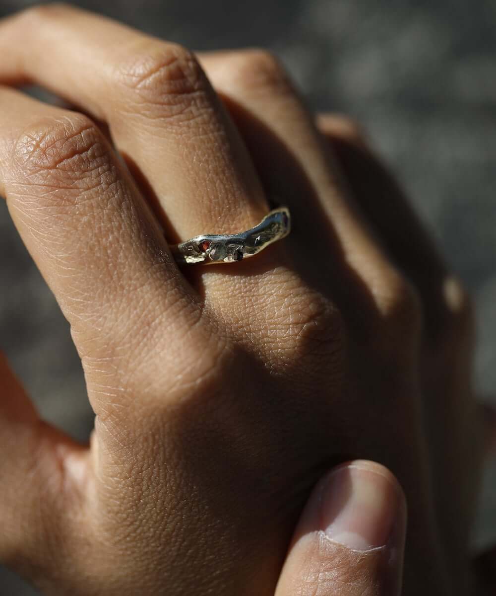 Mens Organic Shaped Wedding Band in 14k Gold with Sapphires Macha Studio Brooklyn New York