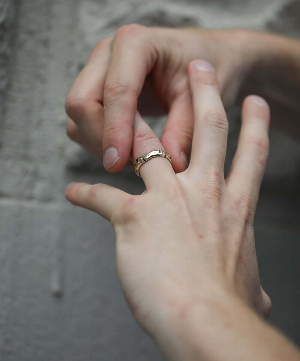 Mens Organic Shaped Wedding Band in 14k Gold with Sapphires Macha Studio Brooklyn New York