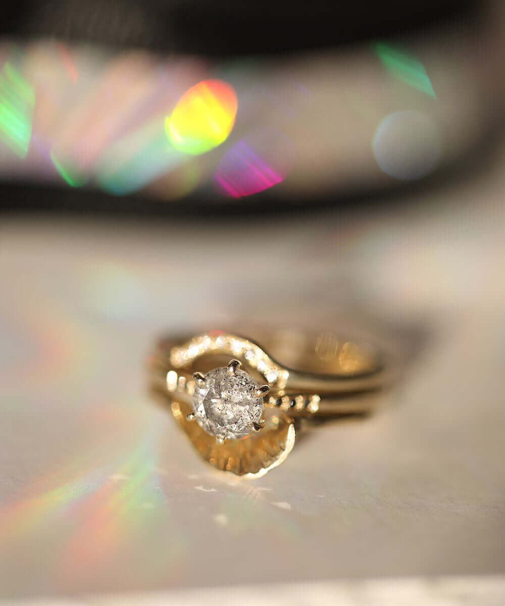 Salt and Pepper Diamond Solitaire 14k Gold Engagement Ring Macha Studio Brooklyn New York