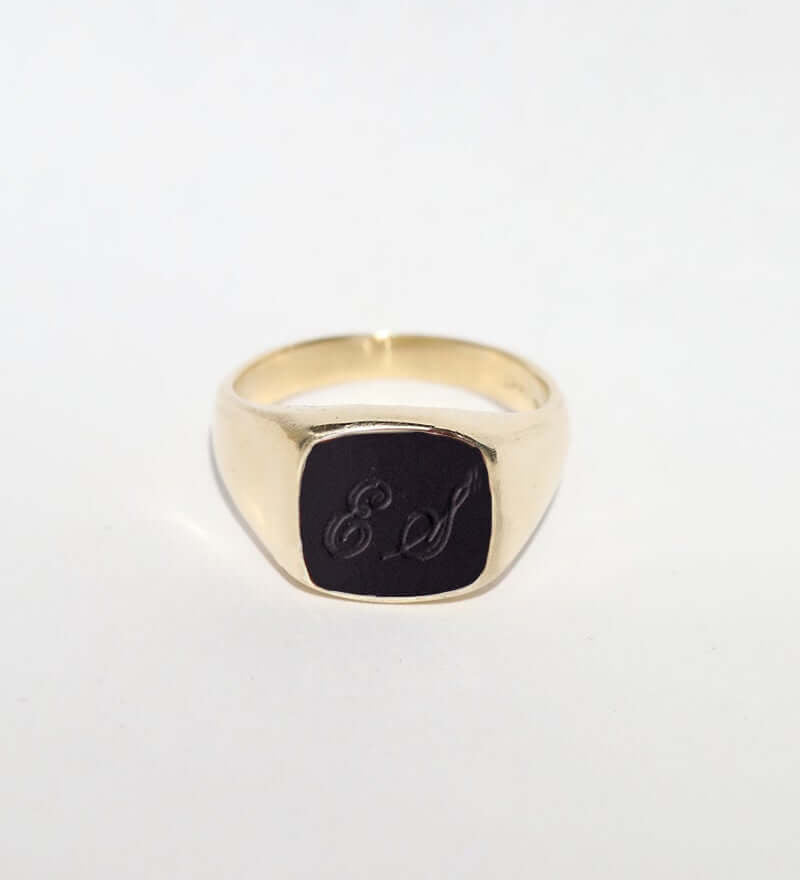 Mens gold onyx signet ring, wedding band,  Macha studio jewelry store, Greenpoint, Brooklyn NYC