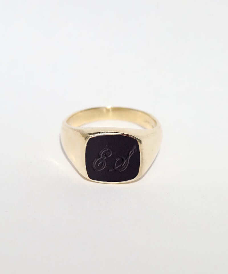 Mens gold onyx signet ring, wedding band,  Macha studio jewelry store, Greenpoint, Brooklyn NYC