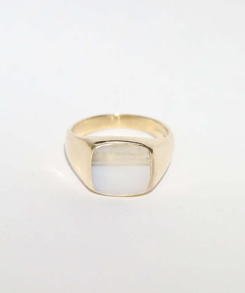 mens signet ring in gold with white agate made in brooklyn nyc