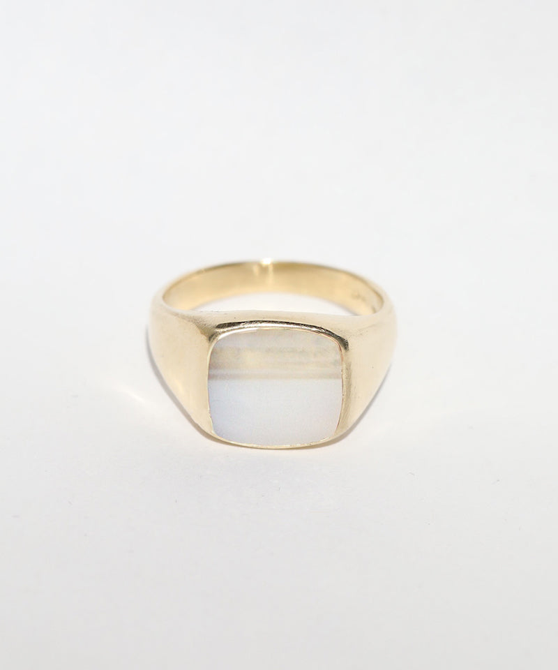 mens signet ring in gold with white agate made in brooklyn nyc