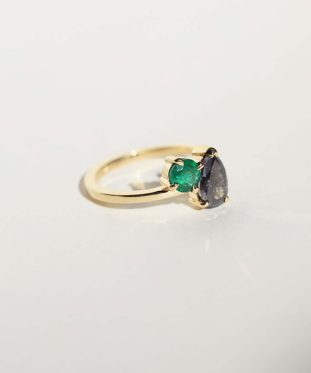 dual ring emerald salt and pepper diamond gold ring Brooklyn New Yor