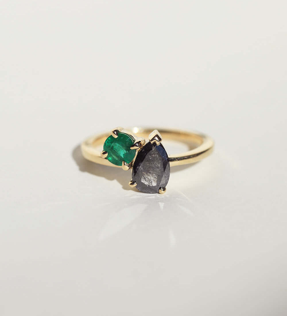 dual ring emerald salt and pepper diamond gold ring Brooklyn New York 
