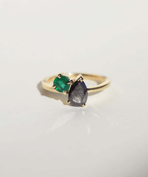 dual ring emerald salt and pepper diamond gold ring Brooklyn New York 