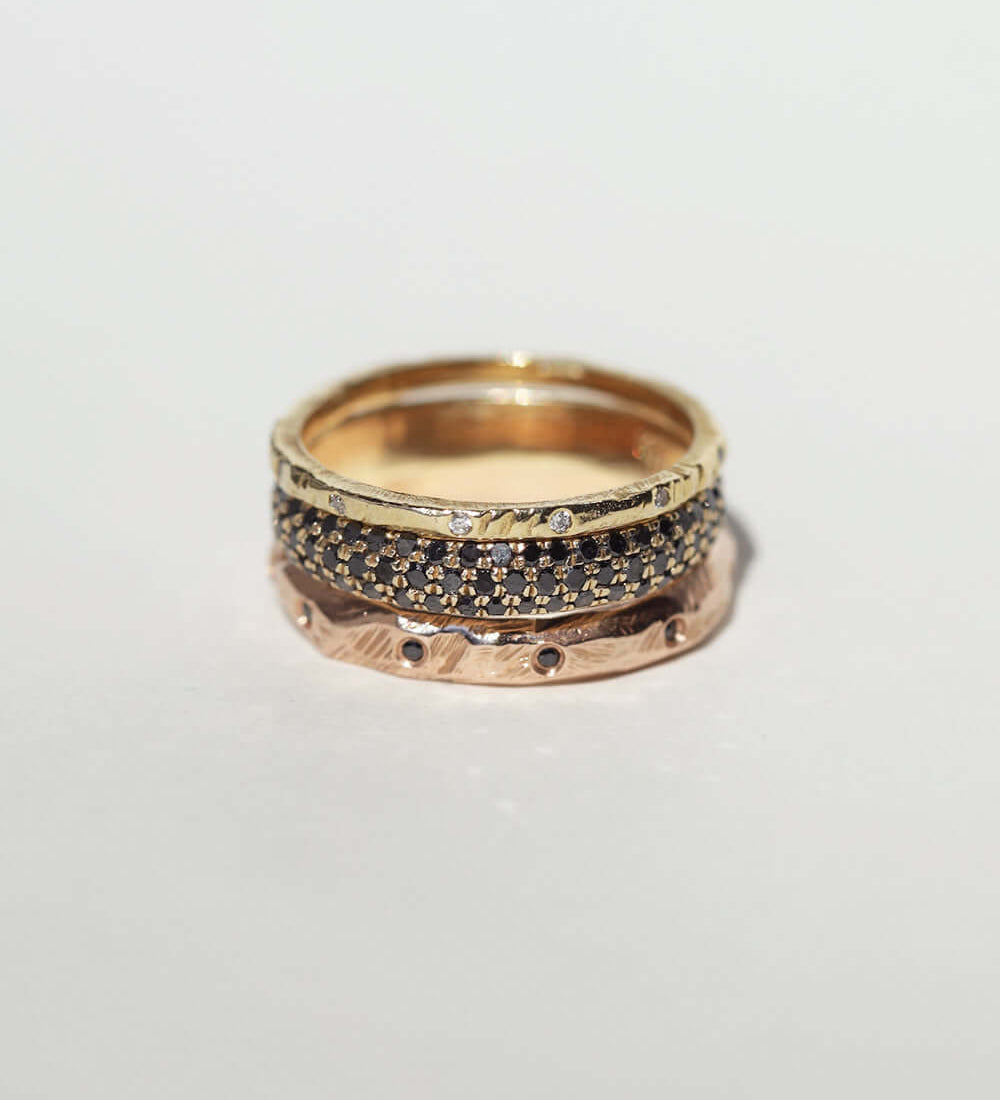 3mm Ragged wedding band with linear diamonds, Triple diamond band, Tiny ragged band with diamonds all in recycled 14k yellow gold.