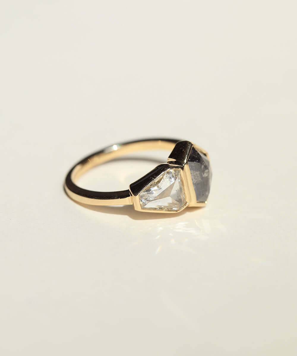Hexagonal Engagement ring gold salt and pepper diamond jewelry Brooklyn NYC