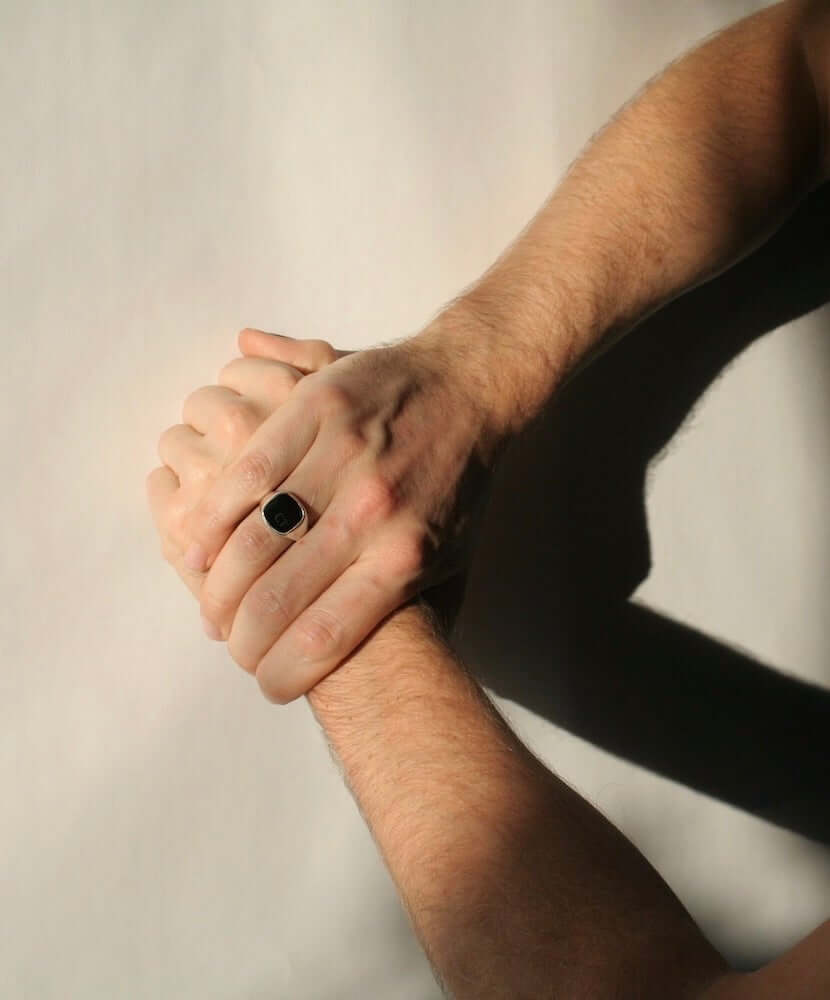 Mens gold onyx signet ring, wedding band,  Macha studio jewelry store, Greenpoint, Brooklyn NYC