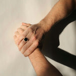 Mens gold onyx signet ring, wedding band,  Macha studio jewelry store, Greenpoint, Brooklyn NYC