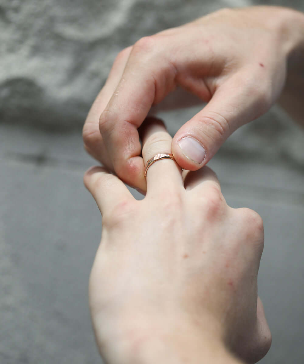 handmade 14k rose gold band with ragged texture macha studio brooklyn new york